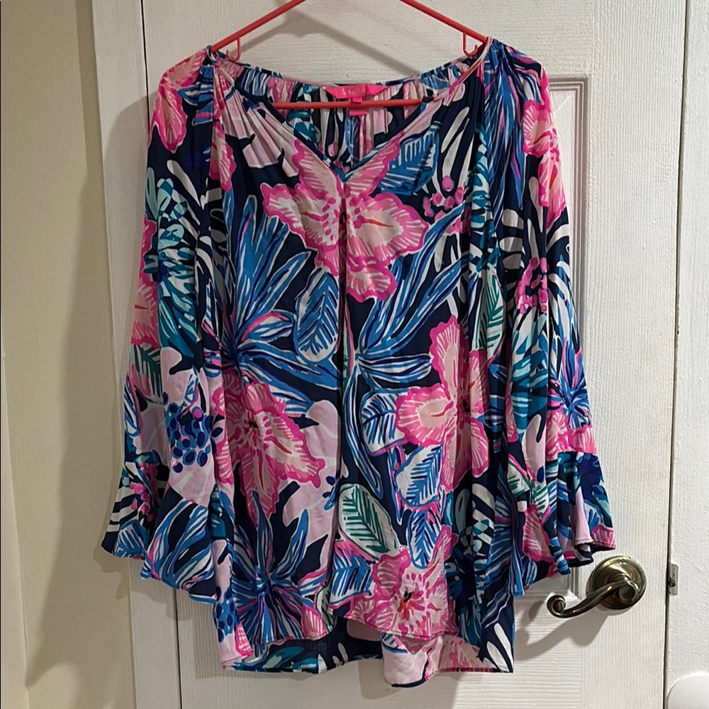 Floral V-Neck Blouse - Pink and Blue
